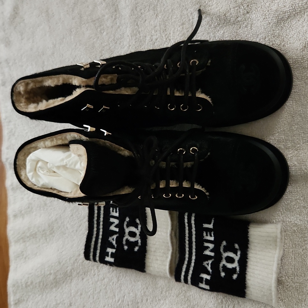 Chanel shearling platform combat boots with socks